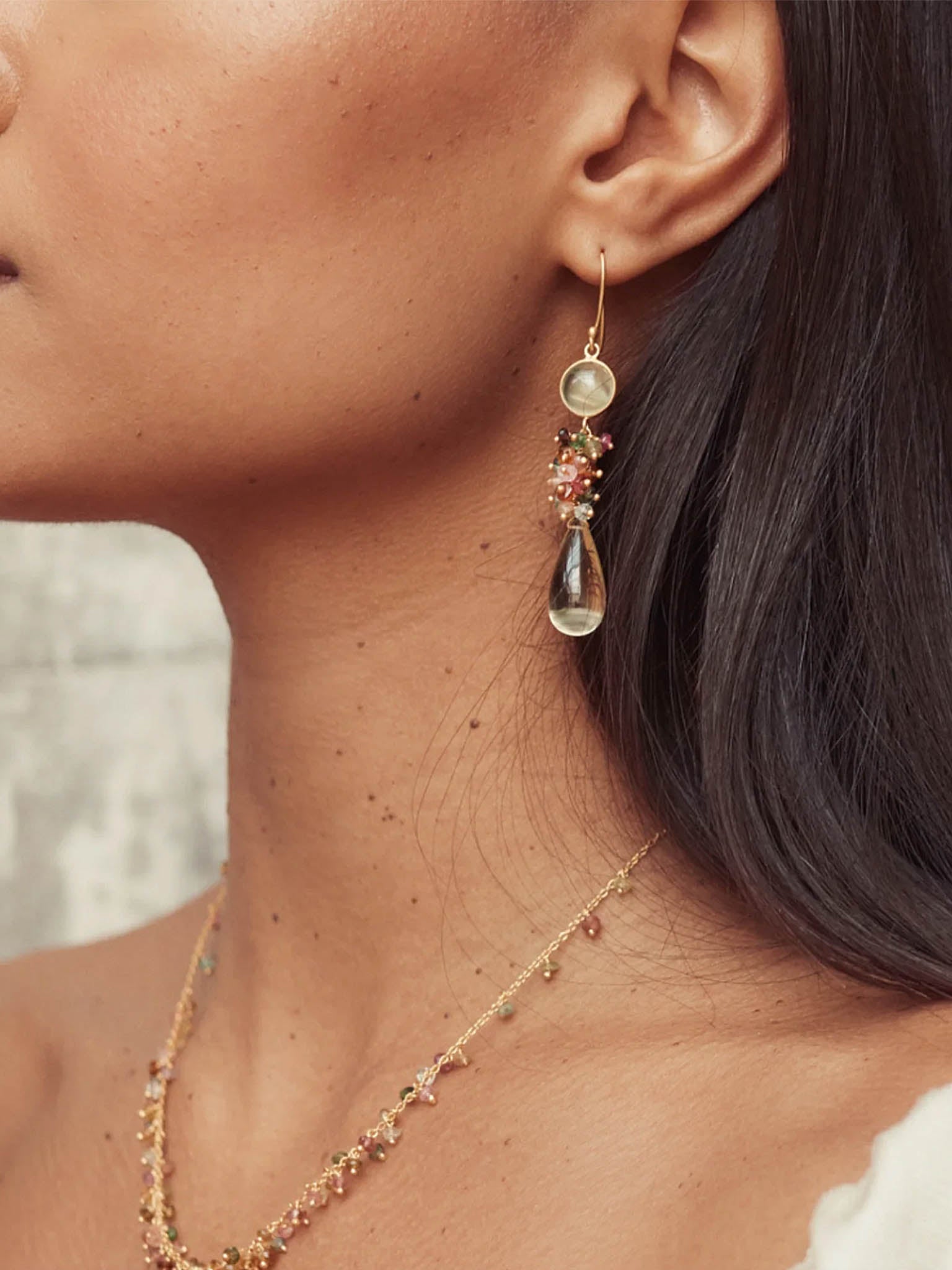 Profile view of lady ear with Carousel Jewels Della Lemon Quartz Earring on