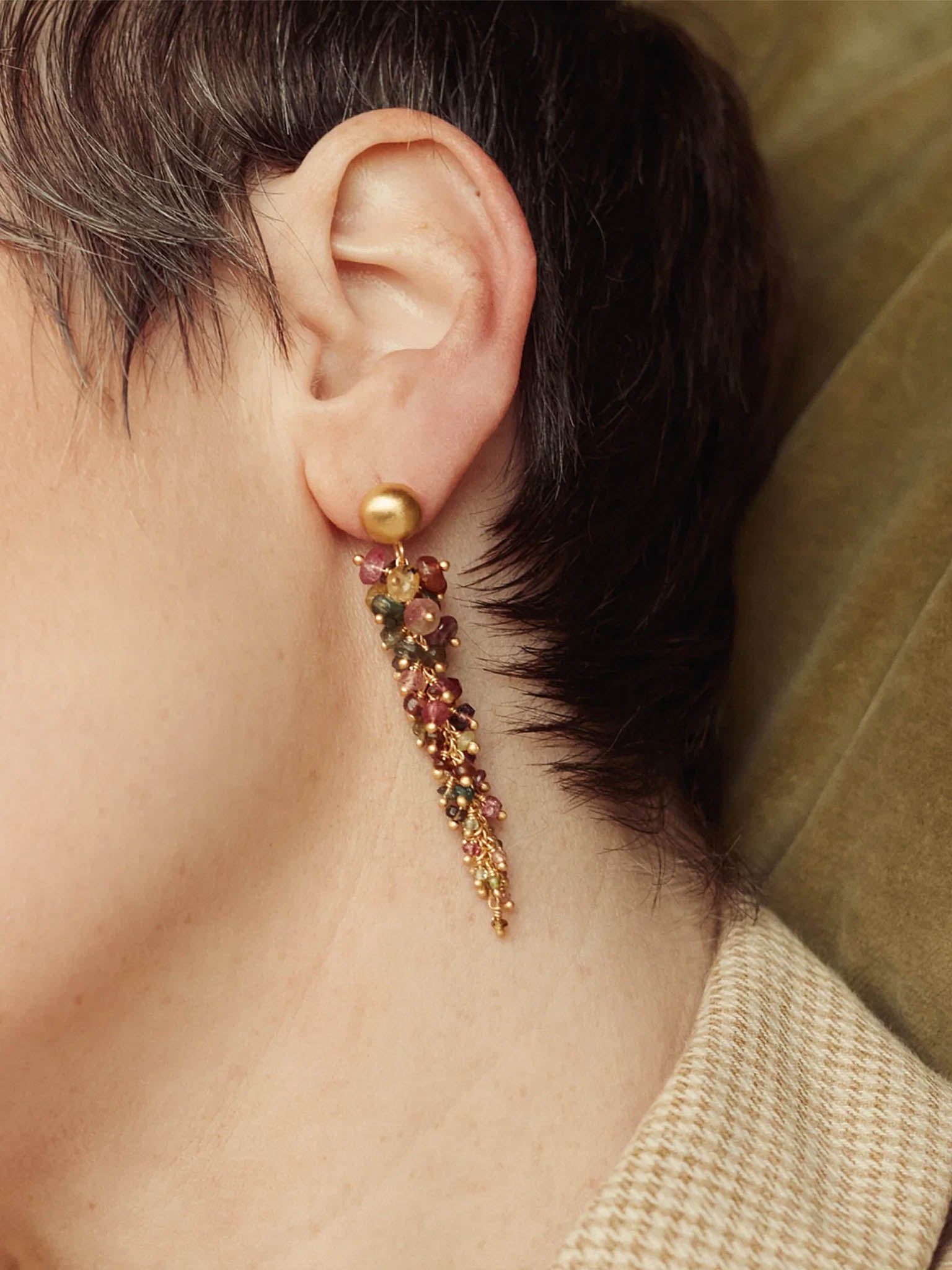 Profile view of a ladies ear wearing Carousel Jewels Edie Tourmaline Waterfall Earring