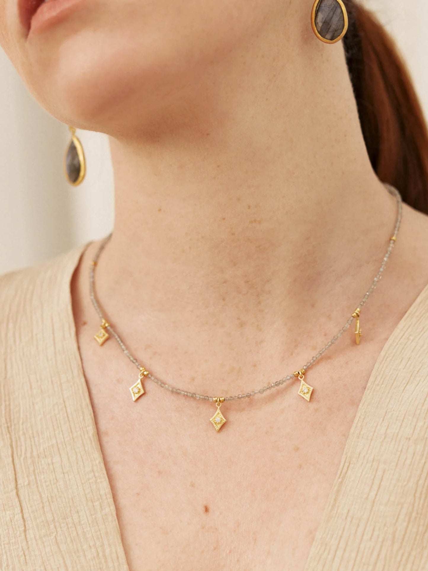 Close up of ladies neck wearing Carousel Jewels Golden Charm Labradorite Necklace