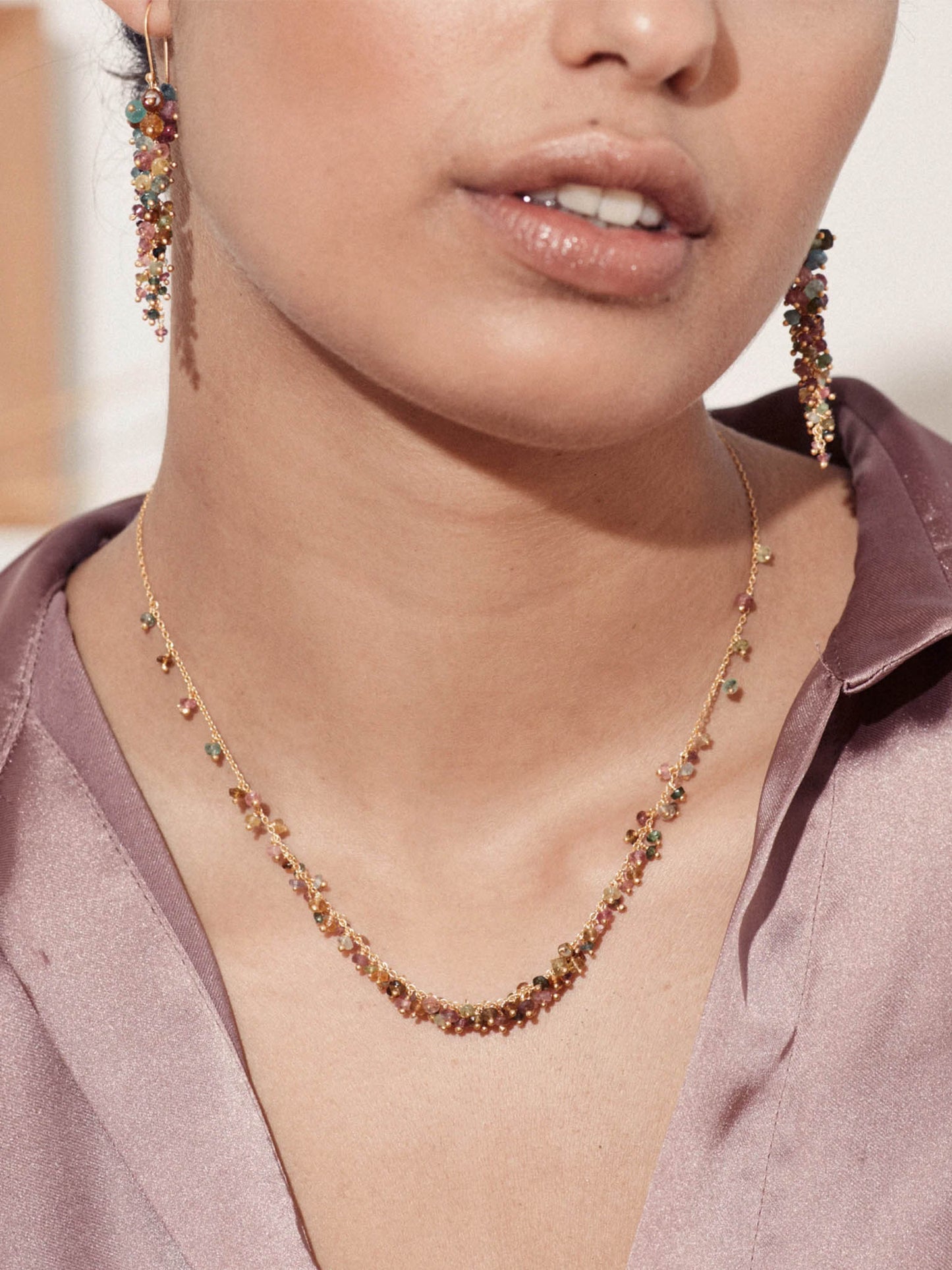 Close Up of ladies neck wearing Carousel Jewels Tourmaline Jewellery Set