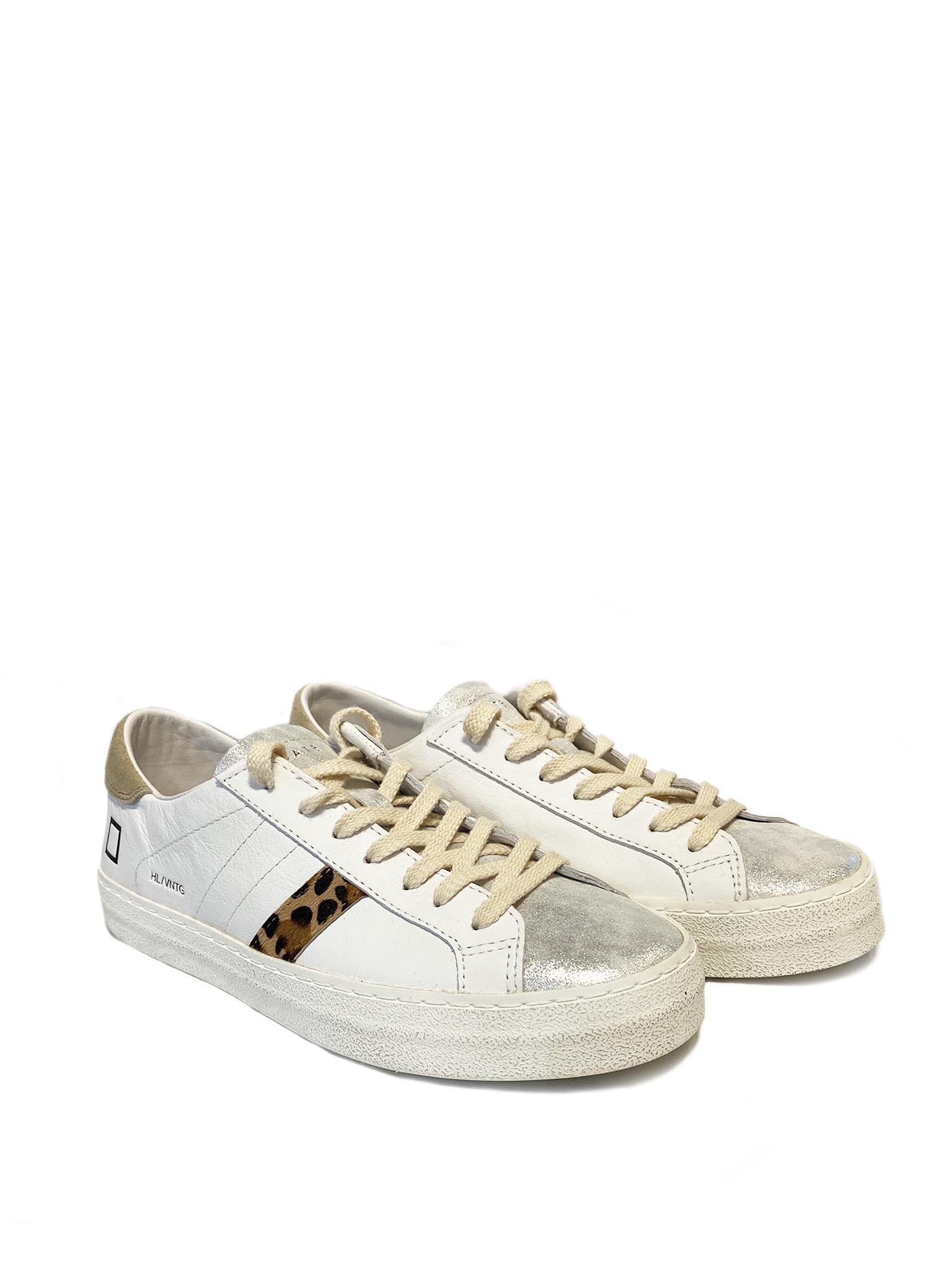 Pair of D.A.T.E Hill Low Vintage Calf White Leopard Trainers Cutout from the side