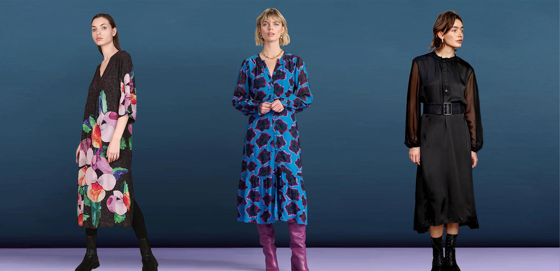 Three models wearing 3 festive dresses in from of a blue background