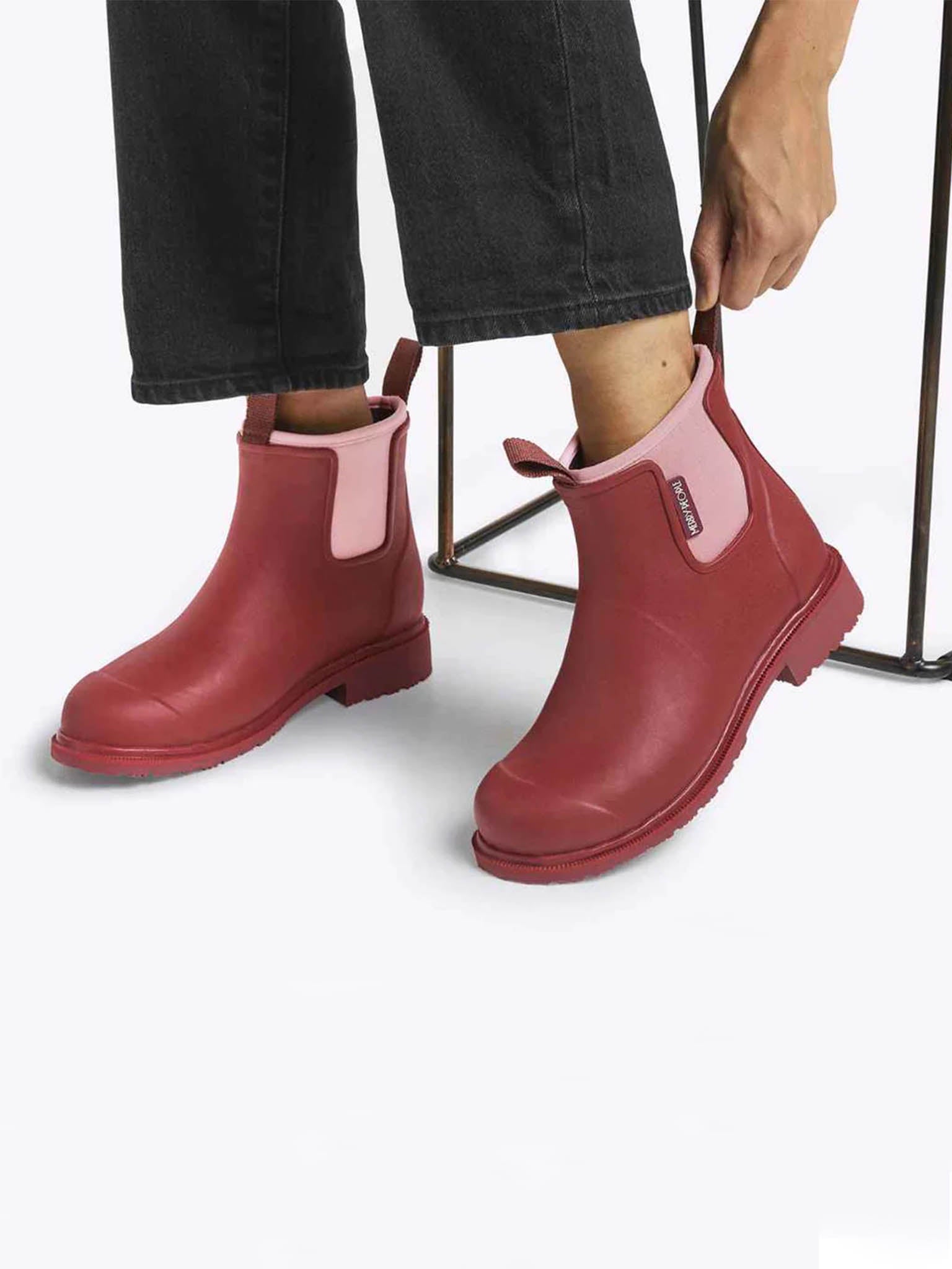 Merry People Red  & Pink Bobbi Ankle Wellington Boots On model