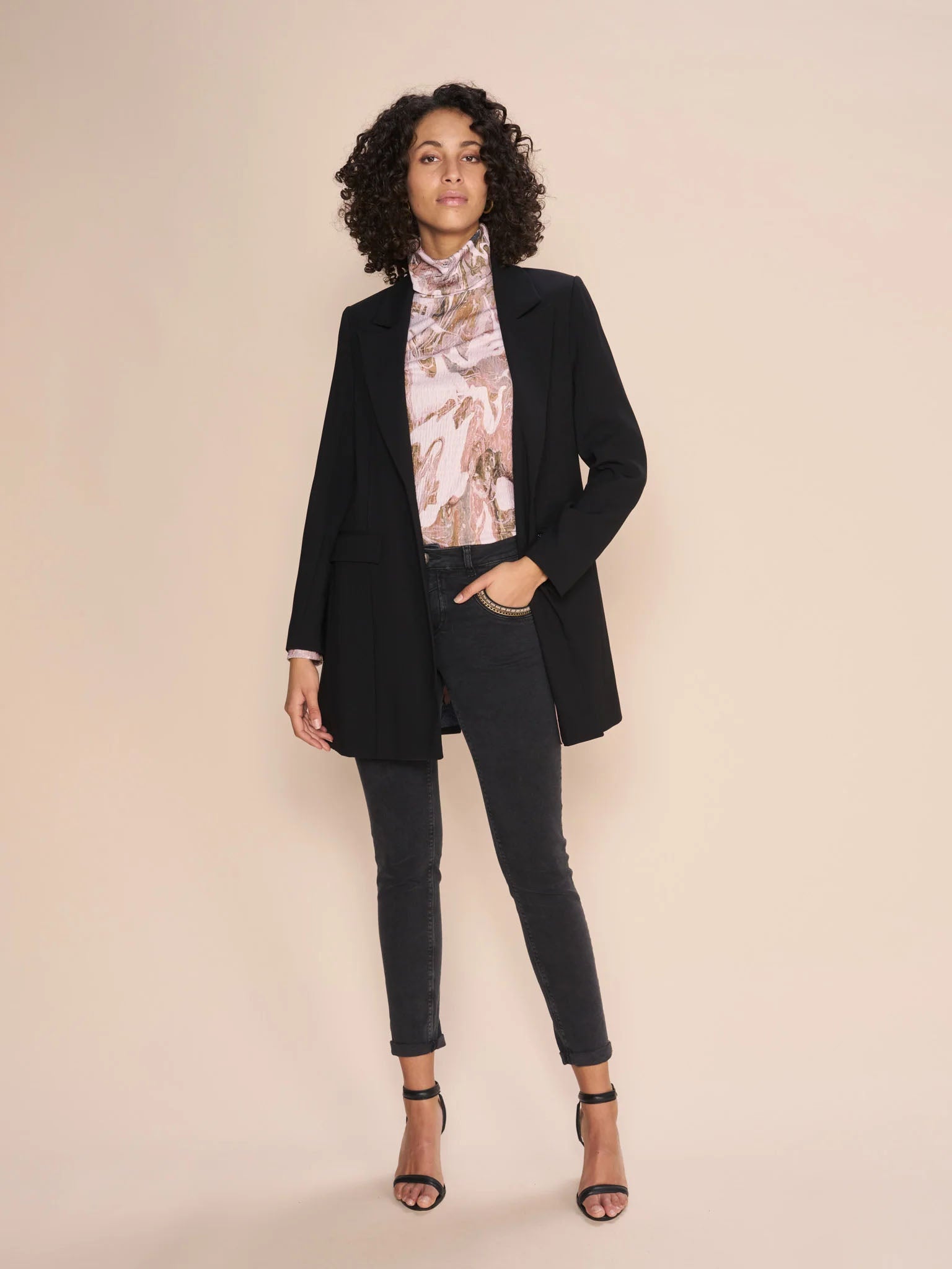 Model wearing a smart blazer and shirt with Mos Mosh Naomi Gringio Jeans Dark Grey