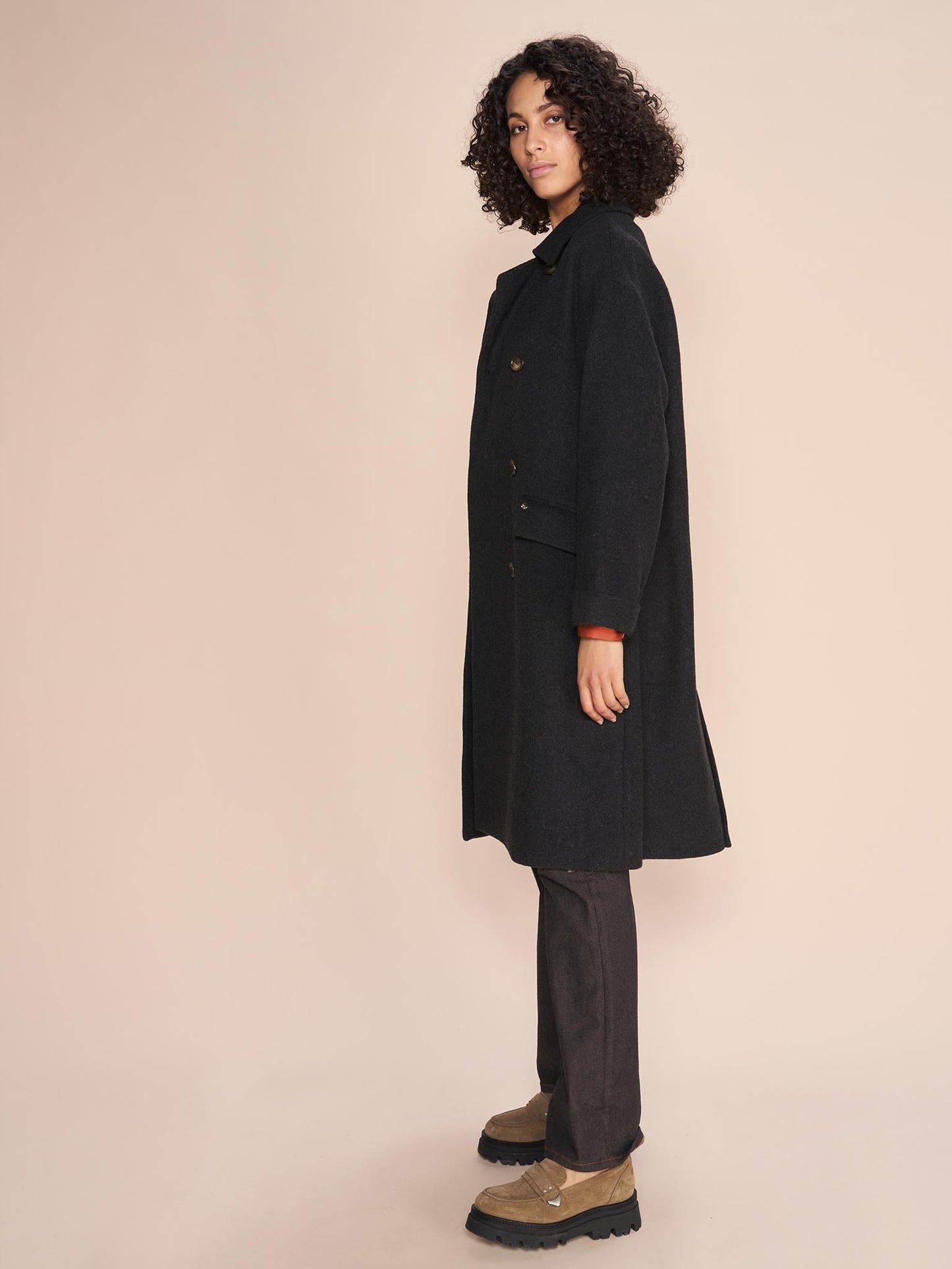 Model wearing Mos Mosh Venice Wool Pavement Coat from the side