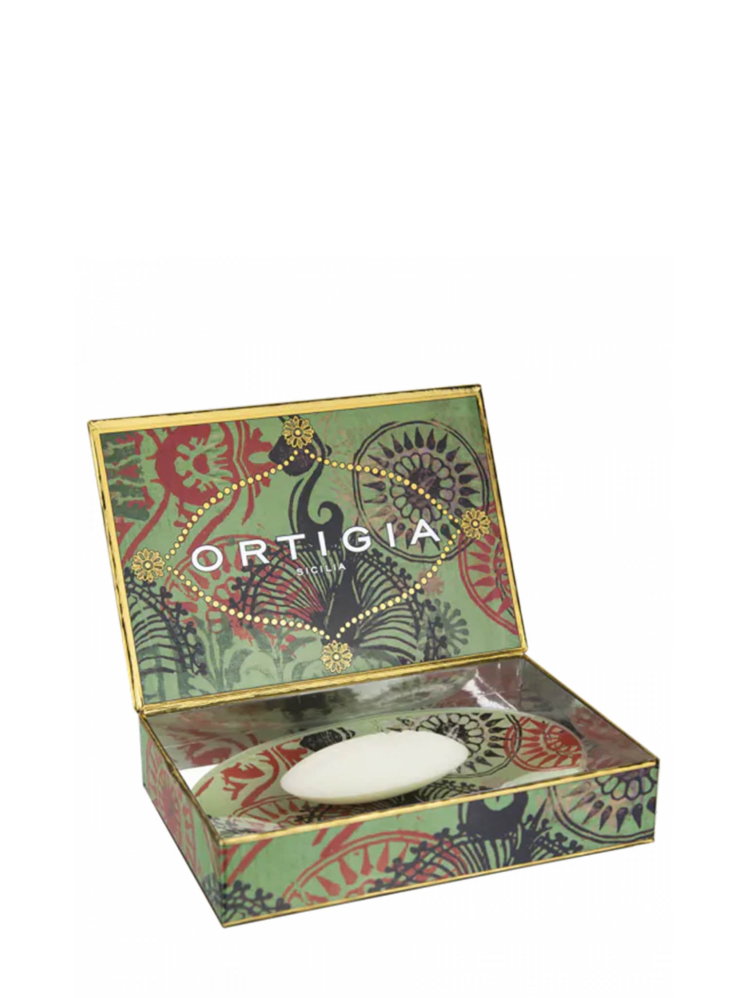 Ortigia Fico D_India Soap  with Glass Soap Dish Cutout in packaging