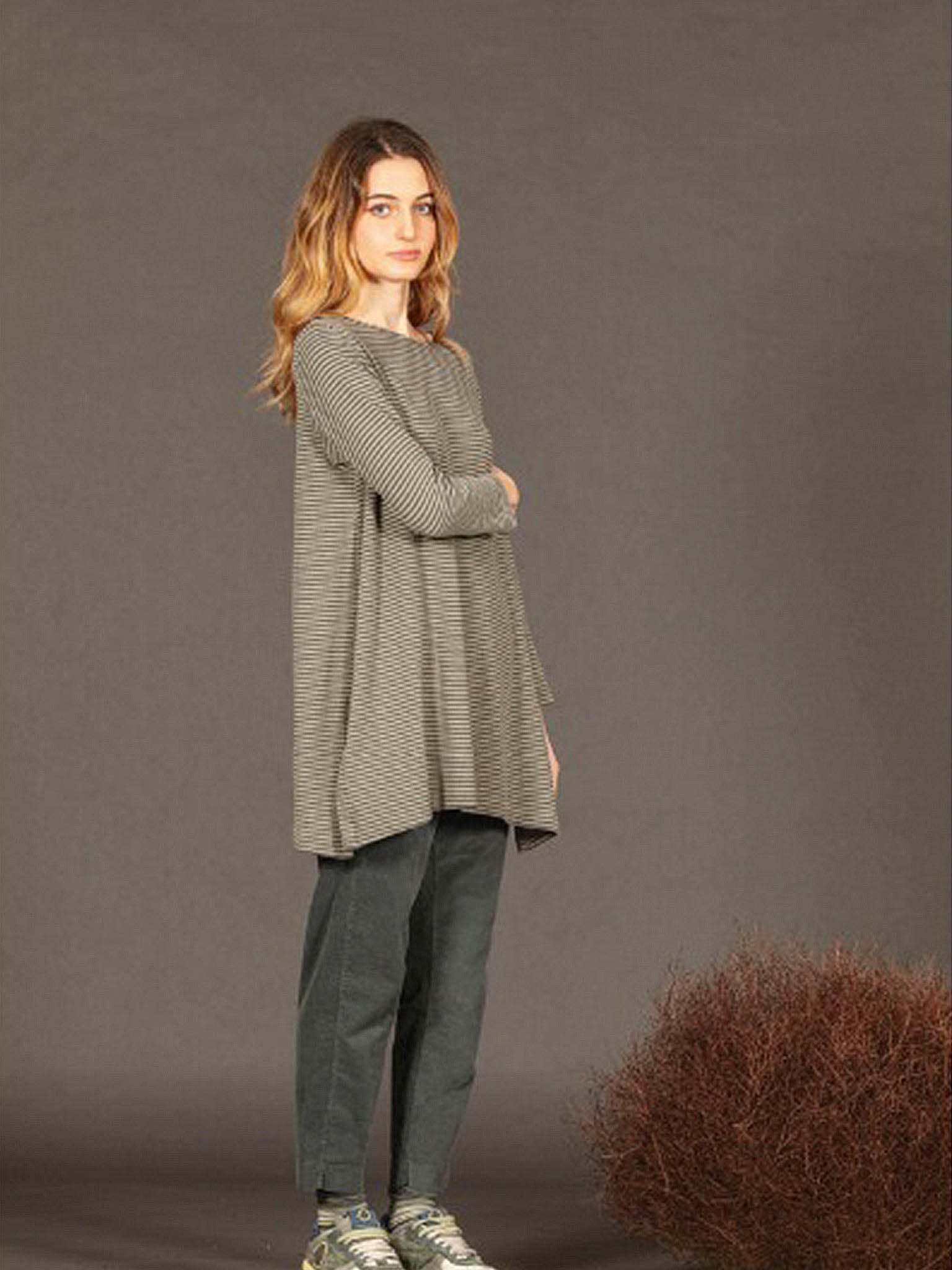 mama b Teulada Grey Shirt on model with grey trousers to match